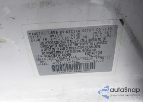 2019 Nissan Versa 1.6 Sv из США, поврежденный, VIN 3N1CN7AP1KL867029